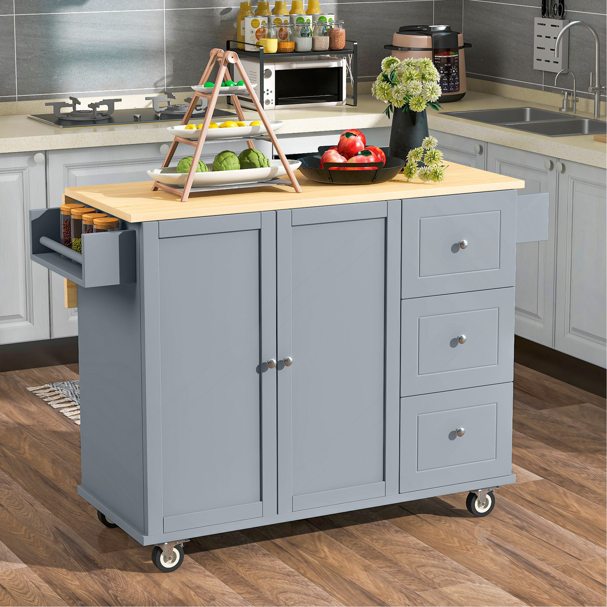 Ebern Designs Rolling Mobile Kitchen Island With Solid Wood Top And ...