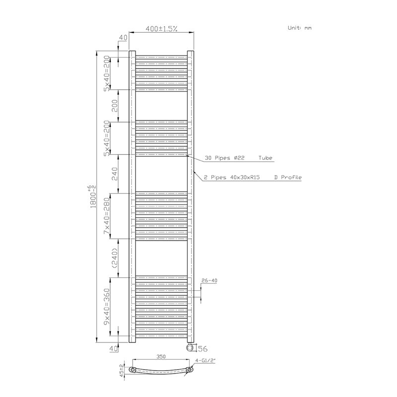 Curved Towel Rail Heated Towel Rails, 180cm H x 40cm W x 4.5cm D, Anthracite