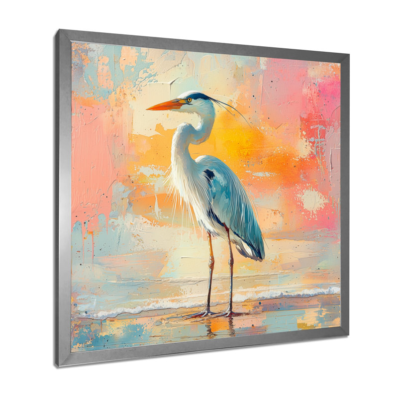 Aurelindo, héron sur le rivage - héron, art mural, H 16 po x l 16 po, Reproduction encadrée d'une seule photo, Argent argent