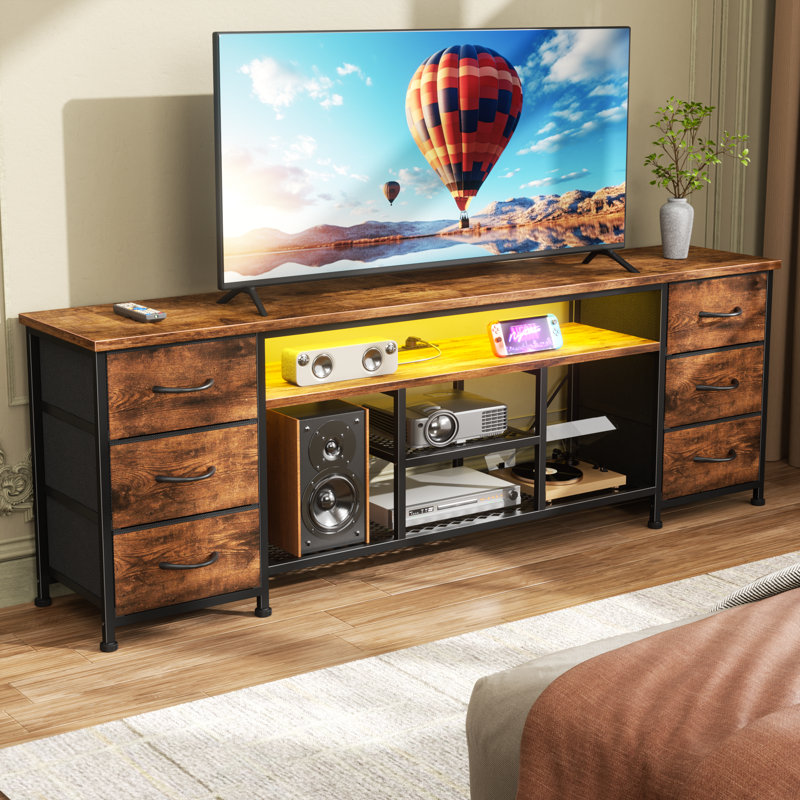 TV Stand Dresser with LED Lights & Charging Station, 6 Fabric Drawers Storage Entertainment Center for Bedroom, Brown