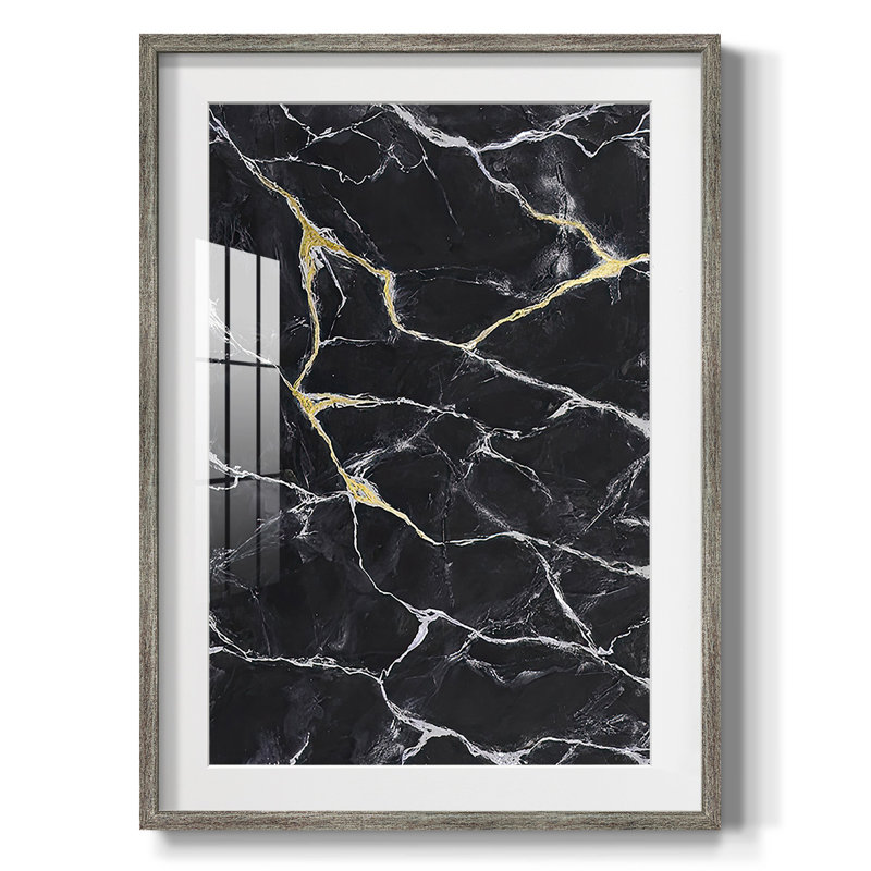 Marbre noir I, reproduction encadrée, Blanc, Papier encadré argent vieilli