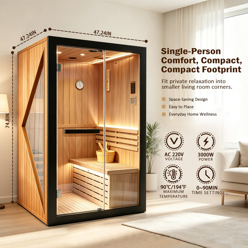 African Okoume Wood 2-Person Traditional Steam Sauna – 3000W 220-240V Indoor with Wet/Dry Heater, Volcanic Stones & 3-Side Tempered Glass