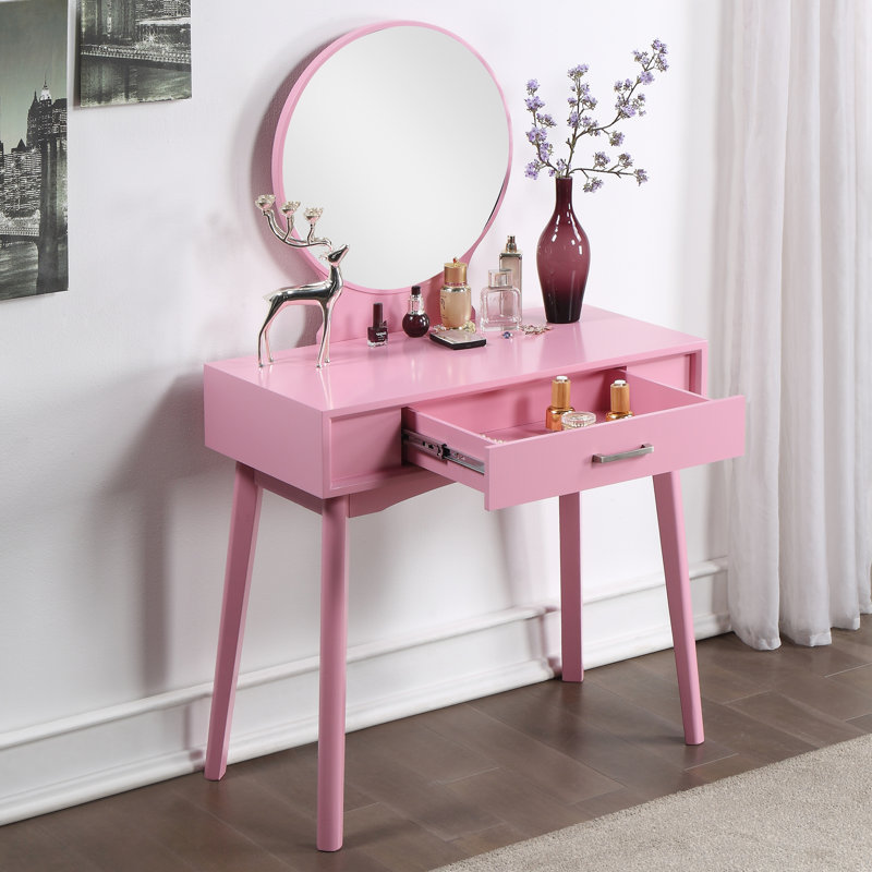 Ensemble coiffeuse et tabouret contemporain en bois, miroir rond à pieds fuselés, structure en hévéa massif et corps en MDF