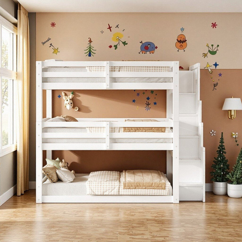 Lit double superposé double avec escalier de rangement et conception en bois de pin et en panneau de fibres à densité moyenne