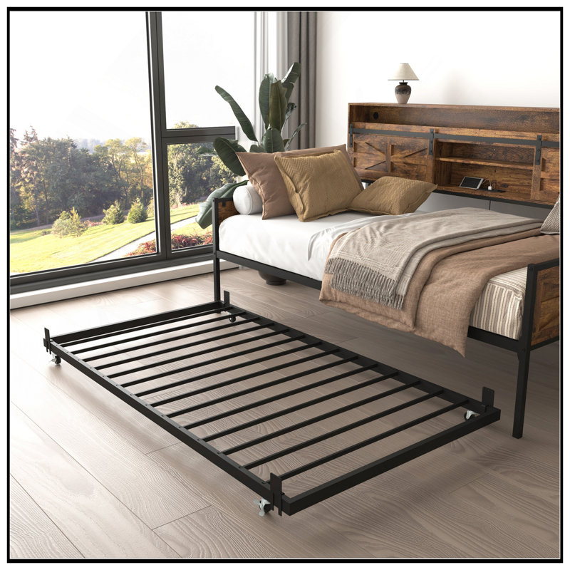 Twin Daybed With Trundle And Sliding Barn Door Headboard, Charging Station & LED Light, Rustic Brown