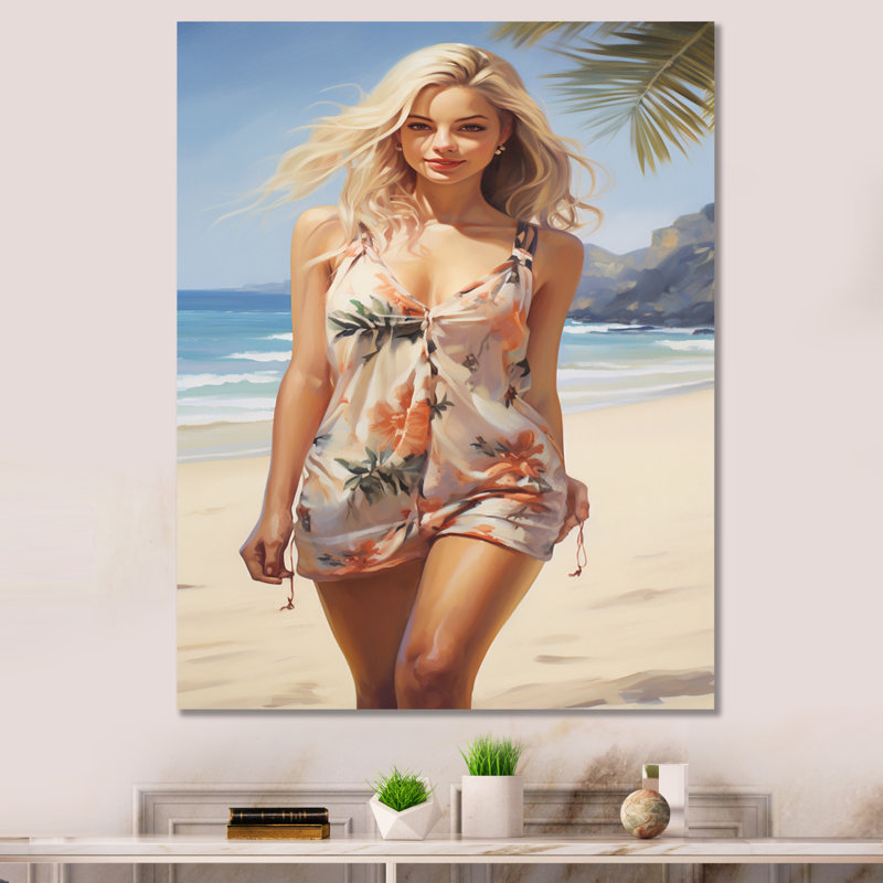 Beauté blonde marchant sur le rivage, H 44 po x l 34 po x P 1,5 po, Toile tendue