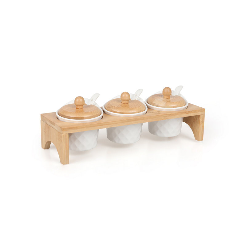 Ensemble de 10 pots à épices 100% céramique avec tablette en bambou 10,8 x 3,8 x 2,8 pouces | Design élégant en noyer et blanc | Idéal pour organiser les épices, les herbes et les assaisonnements | Non lavable au lave-vaisselle et au micro-ondes