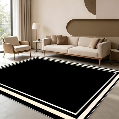 Tapis à motif géométrique minimaliste à bordure noire et crème 1pc pour le salon, doux et confortable, adapté à toutes les saisons, facile à entretenir, lavable à la machine, tapis de ferme sous la table convenant à la salle à manger, la chambre à coucher, la cuisine,