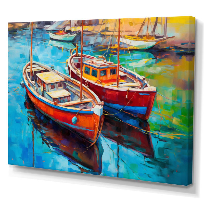 Deux bateaux dans le port sur toile, Toile tendue, H 30 po x l 40 po x P 1,5 po