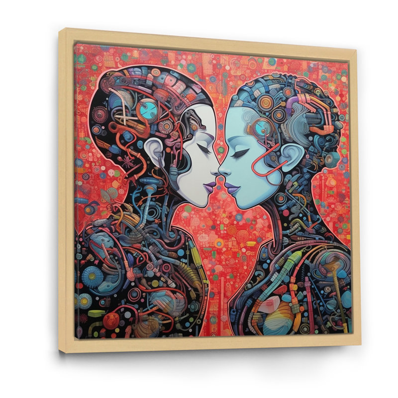 Charmant Robots célébrant l'amour rétro - reproduction sur toile, H 24 po x l 24 po x P 1 po, Cadre flottant brun