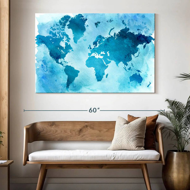 Carte du monde bleue rétro Aliaz, H 34 po x l 51 po