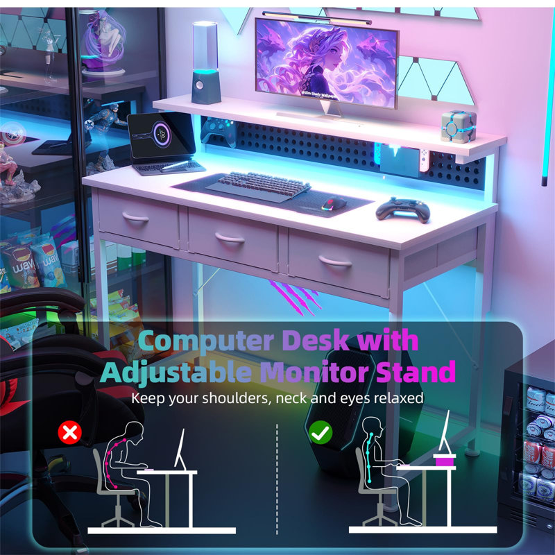 Metal Base Computer Desk with Power Outlet, White