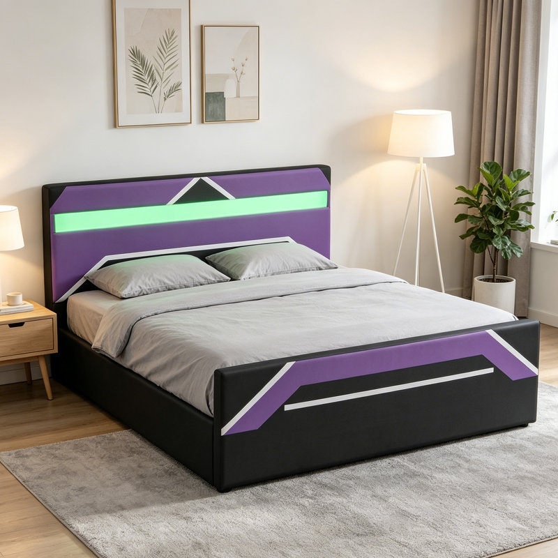 Lit de jeu grand noir et mauve avec tête de lit avec éclairage à 7 couleurs à DEL, lit plateforme avec rangement hydraulique à levage latéral, style Cyberpunk