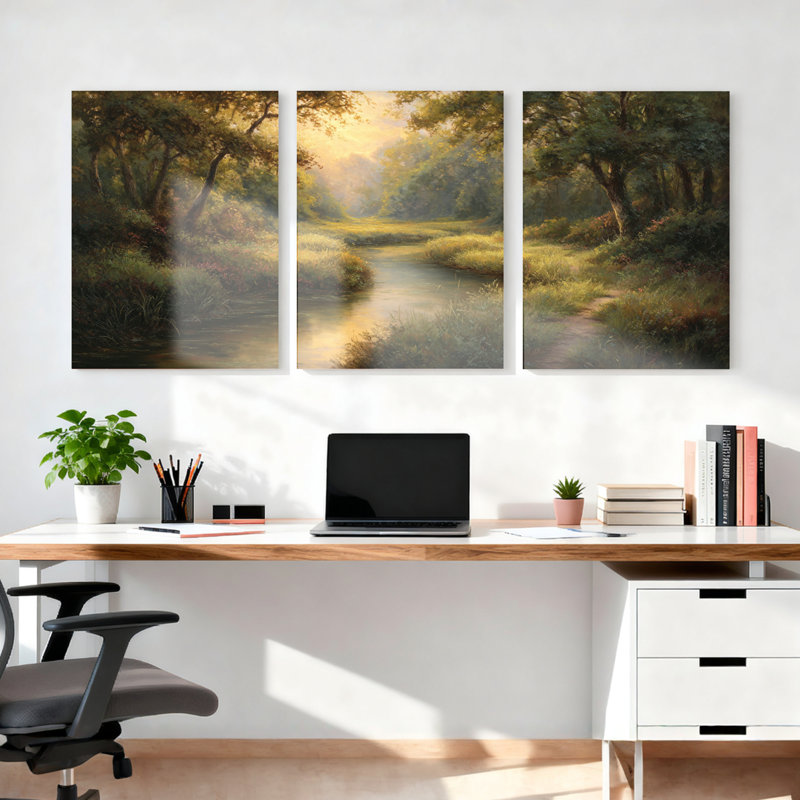 Ensemble de 3 tableaux sur toile représentant un paysage de ruisseau forestier, H 30 po x l 60 po