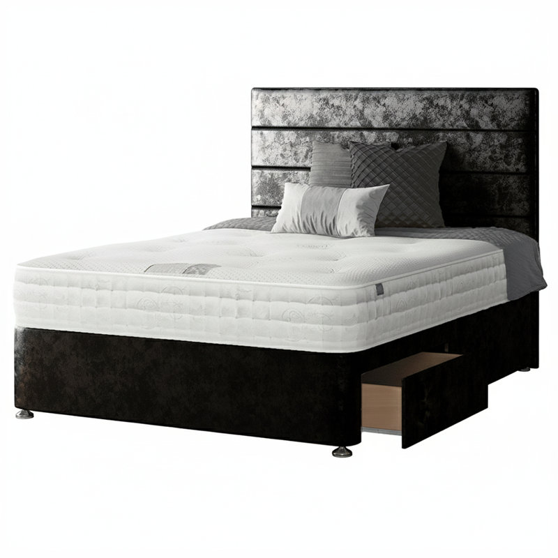 Kiara Stripped Floor Standing Headboard With Divan Base 4 Drawers Crush Velvet Cream With And Metal Feet (Double), Black
