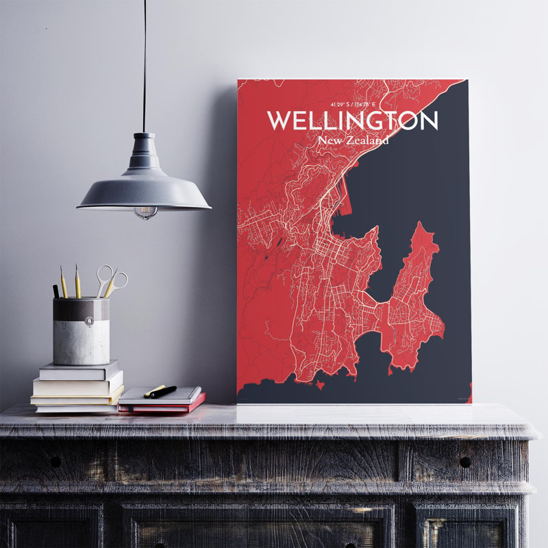 Wellington, carte de la ville, impression, H 27,6 po x l 19,7 po, Rouge / bleu marine