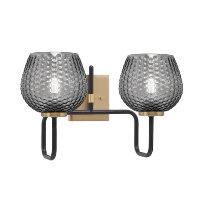 Barre d'éclairage de salle de bain 2 lumières Amarmula, noir mat et laiton vieilli, verre texturé fumé 6 po