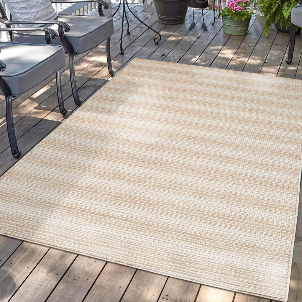 Teppich Terrasse Wetterfest Balkonteppich Beige Streifen Muster für Veranda, Garten, Küche, Bad oder Wohnzimmer Kavia