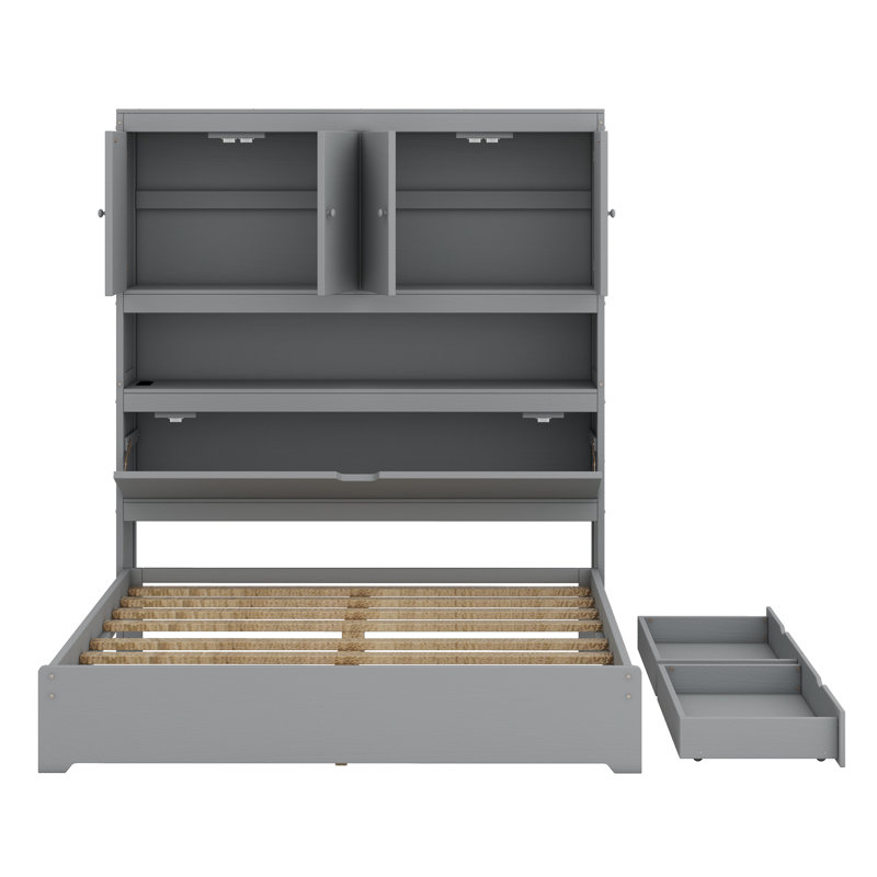 Lit plateforme en bois avec port USB, tête de lit et tiroirs de rangement, Gris