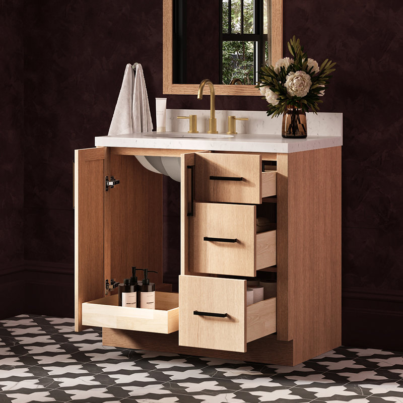 Meuble-lavabo de salle de bain avec lavabo ovale simple décalé à gauche de 91 cm (36 po) et comptoir en quartz blanc de Carrare de 3,8 cm (1,5 po) en chêne naturel