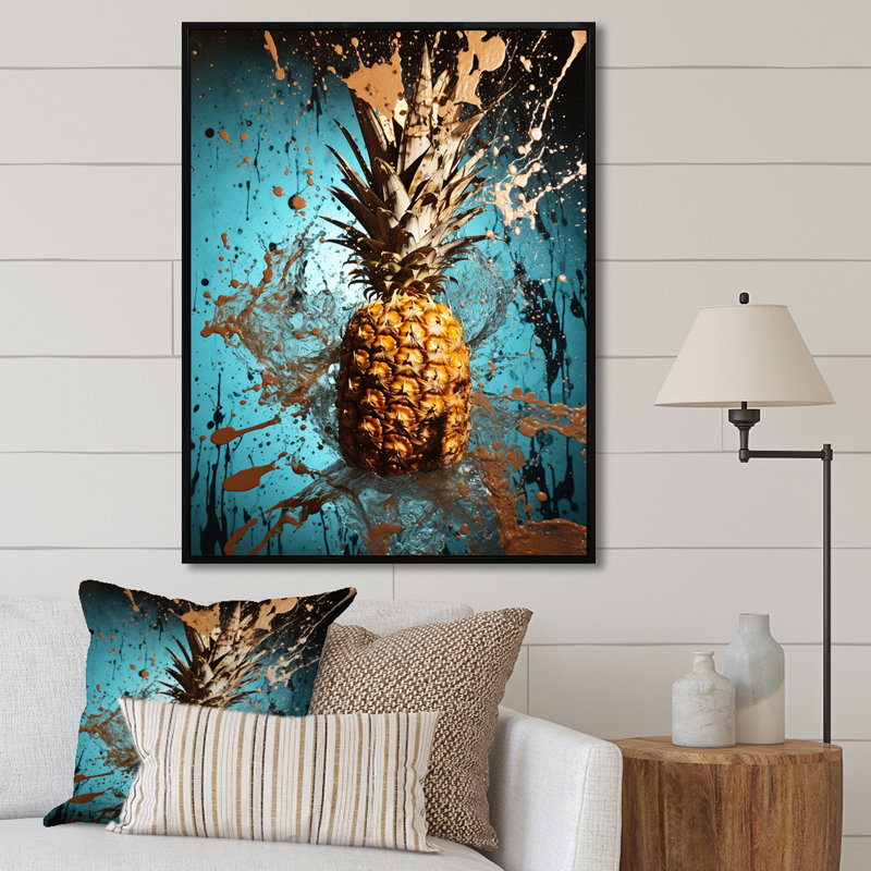 Abstrait turquoise «Ananas» torsadé - ananas, art mural, H 20 po x l 12 po x P 1 po, Cadre flottant noir