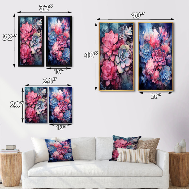 «Pink Blue Succulent Resilience», 2 pièces sur toile, H 40 po x l 40 po, Cadre noir