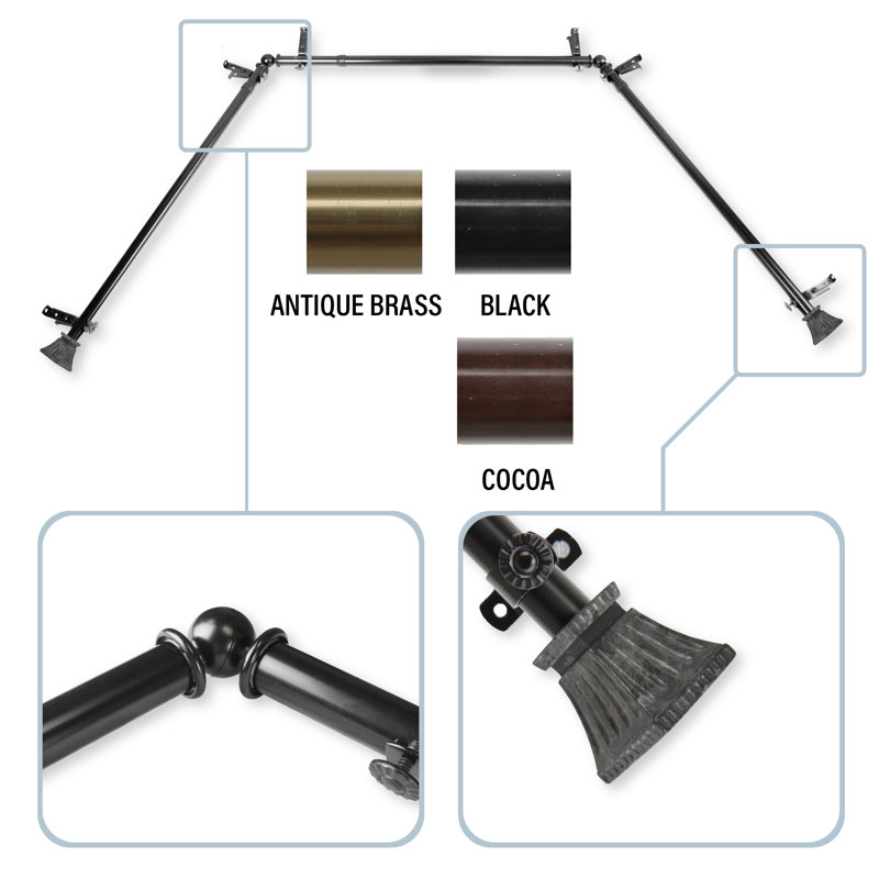Spenser Steel Rod/Resin Finials Adjustable 78'' to 144'' 0.81'' Bay Window Single Curtain Rod, Black