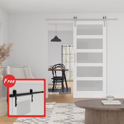 5-Lites Frosted Glass and Manufactured Solid Wood Paneled Barn Door with 2 Hardware Kits (Black, Brushed Nickel)