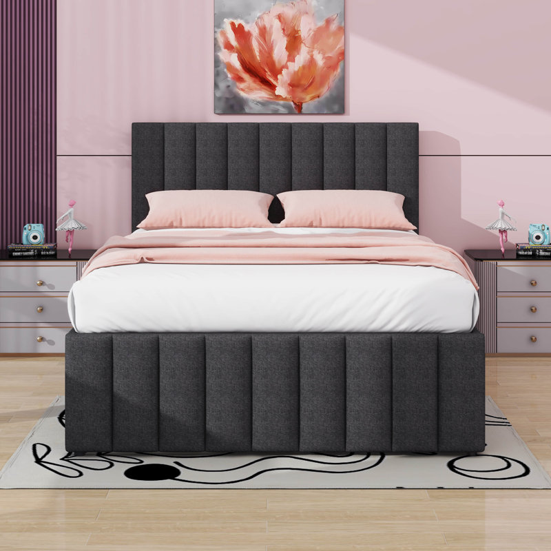 Lit plateforme double avec lit gigogne et 3 tiroirs, gris