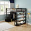 Lit mezzanine pleine grandeur noir avec tablettes, armoire et armoire de rangement - Conception en métal peu encombrante-1472976625