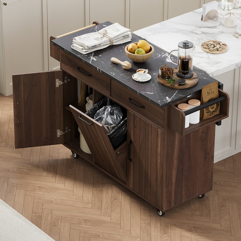 Kitchen Island with Adjustable Shelf, Spice & Towel Rack and Drawer, Walnut Brown