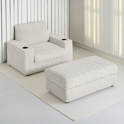 42" Oversized Chaise Lounge Indoor,Faux Rabbit Fur Sofa Bed With Storage Ottoman And Armrests,Cup Holders,Upholstered Sleeper Chair,Reading Couch With Deep Seat For Living Room,Bedroom