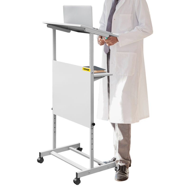 Adjustable White Steel Standing Lectern with Storage Shelves