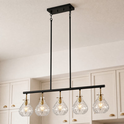 Luminaire suspendu 5 lumières à hauteur réglable avec abat-jour en verre ondulé