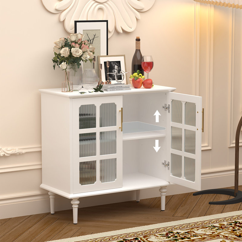 31.4" Modern Farmhouse Storage Cabinet with Grid Glass Doors, Adjustable Interior Shelves, Turned Wooden Legs, Freestanding Sideboard Buffet Cabinet