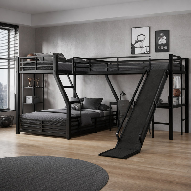 Lit superposé simple au-dessus de L en forme de L avec lit mezzanine simple, lit superposé triple en métal avec glissade et ports USB