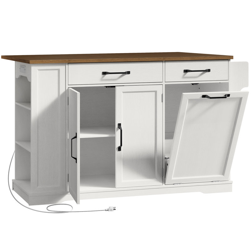 Îlot de cuisine 51,2 po avec prise de courant et abattant, chariot de cuisine à roulettes avec armoire de rangement, Blanc