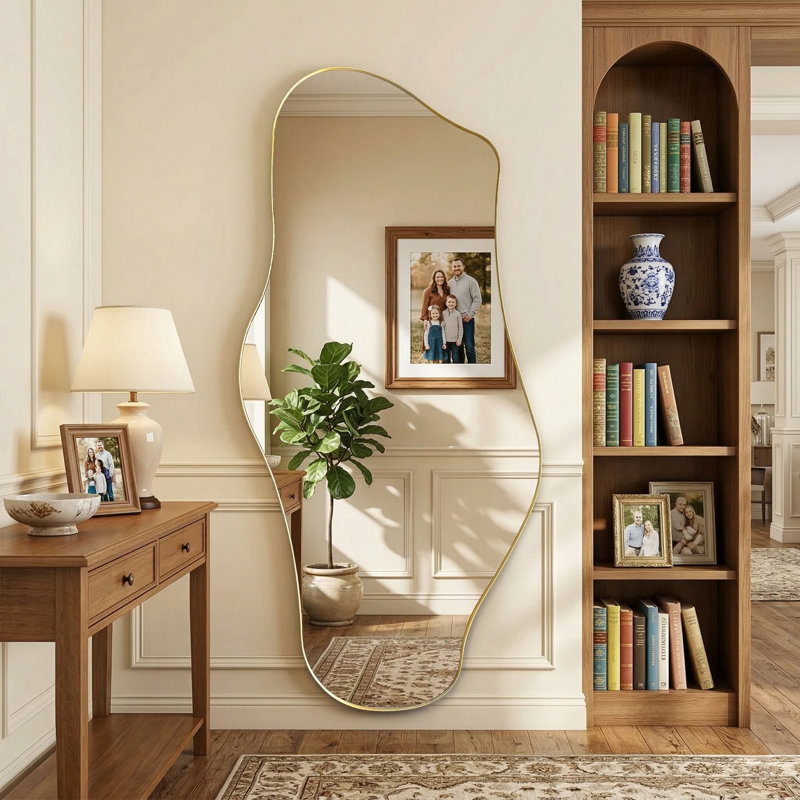 Modern Asymmetrical Full Length Wall Mirror with Gold Metal Frame, 63" x 28", 63"x28", Gold