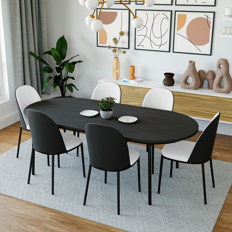 Kelce 6 Person 71" Oval Dining Table Set with Modern Upholstered Chairs, Black, Black/White