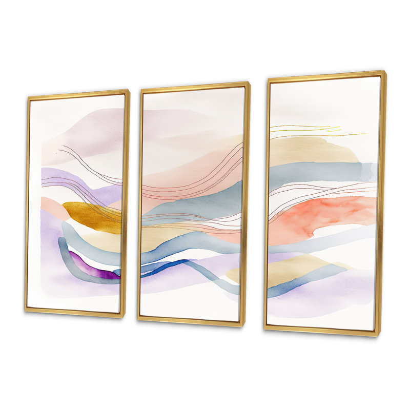 «Vibrant Pastel Abstract Waves», ensemble d'art mural moderne sur toile, Encadrement doré, 32" H x 48" W x 1" D