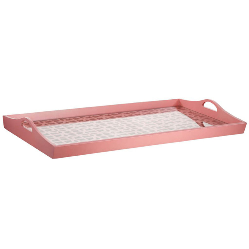 Decorative Serving Tray, Light Pink Handles, Patterned Glass, 28 Inch