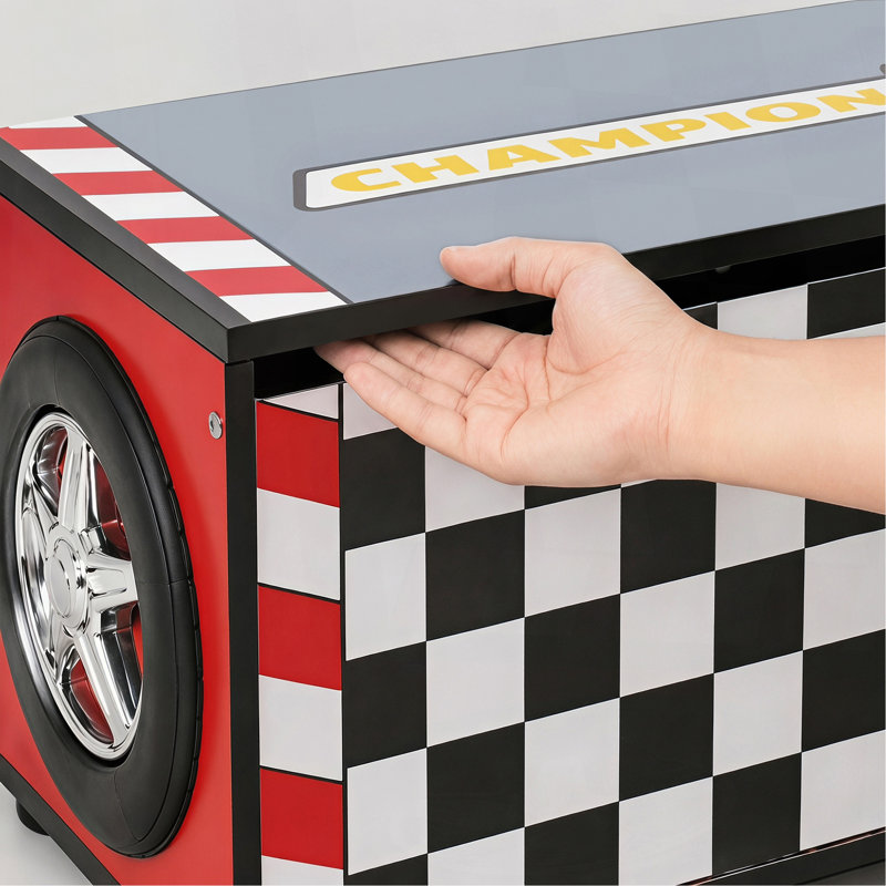 Coffre de rangement pour voiture de course pour enfants avec couvercle rabattable manuel, support de vérin à gaz, roues latérales décoratives