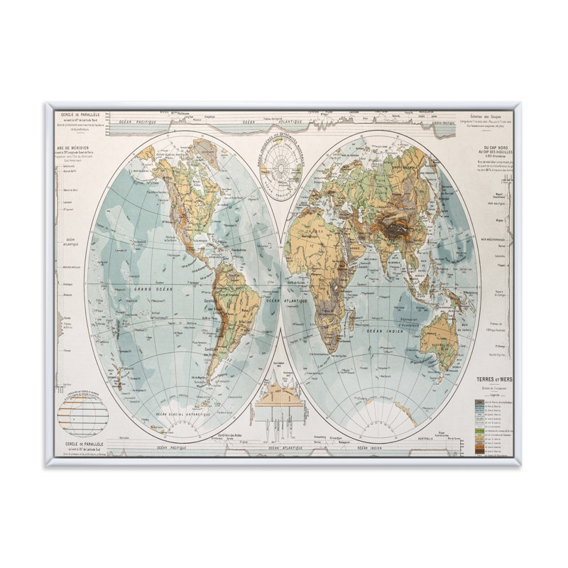 Ancienne carte du monde II - reproduction de cadre flottant sur toile, H 16 po x l 32 po x p 1 po, Cadre blanc