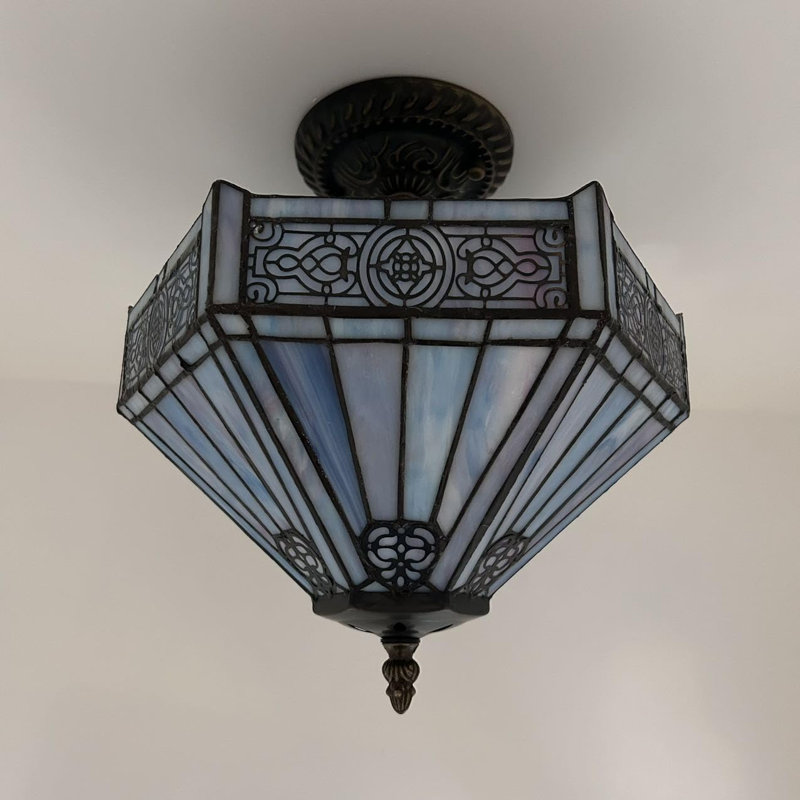 Tiffany Ceiling Lights Fixture Stained Glass Hexagon LED Bulbs Included 12"W*12"D*12"H, Blue/Pink