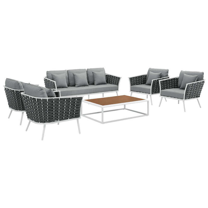 Modway Stance 6 Piece Outdoor Patio Aluminum Sectional Sofa Set, Gray, White