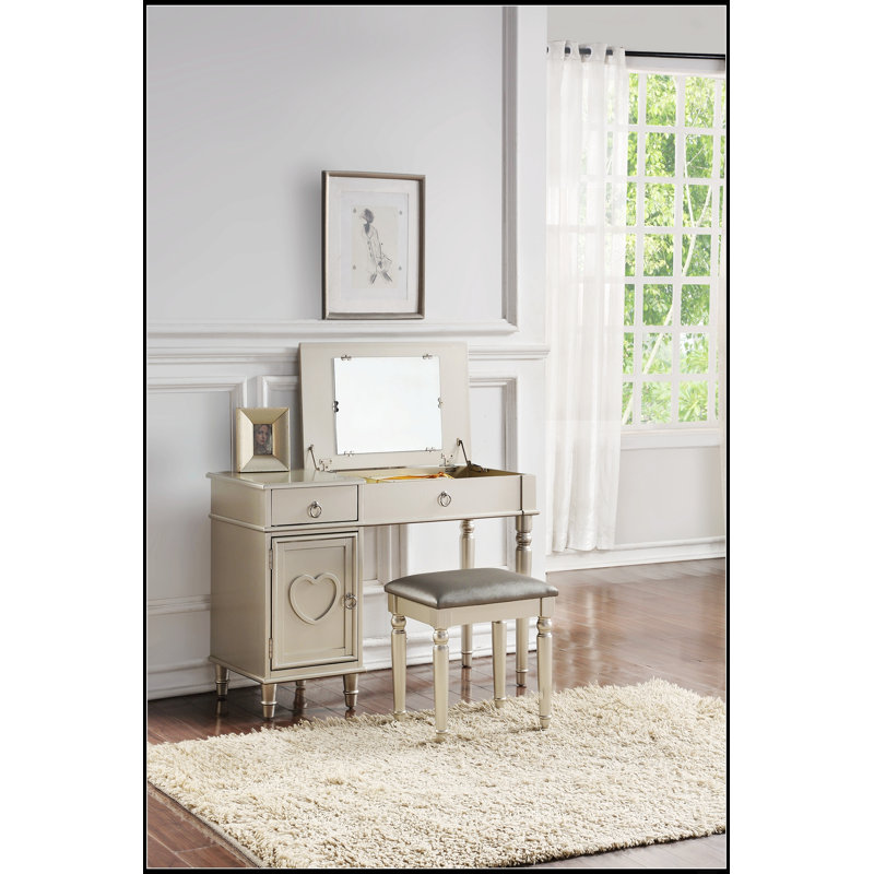 Ensemble de meuble-lavabo charmant avec tabouret, miroir ouvert, tiroirs de rangement et fabrication en bois d'hévéa pour une élégance moderne
