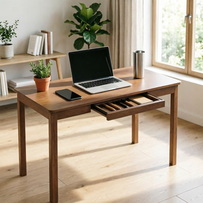 48-Inch Walnut Solid Wood Desk with Keyboard Tray - Modern Simple Writing/Computer Table for Home Office & Small Spaces