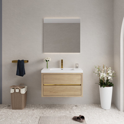 Meuble-lavabo mural 36 po avec lavabo, meuble de rangement flottant pour salle de bain avec comptoir en résine de pierre et tiroirs à fermeture en douceur, chêne naturel 24V15-36NO-W1920P385573