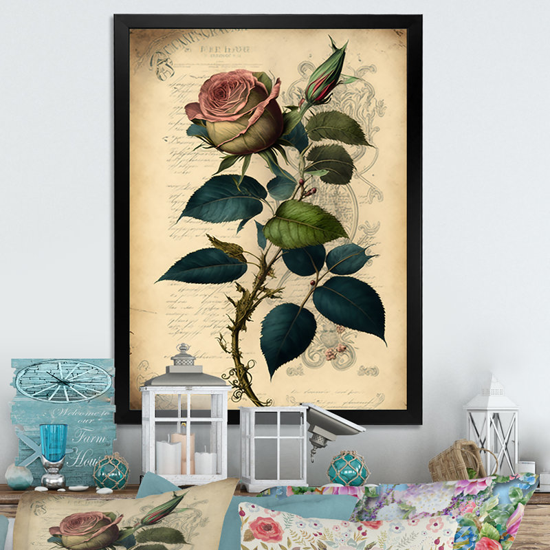 Art victorien rétro rose sur toile rose II, Impression noire sur toile encadrée, H 20 po x l 12 po x P 1 po