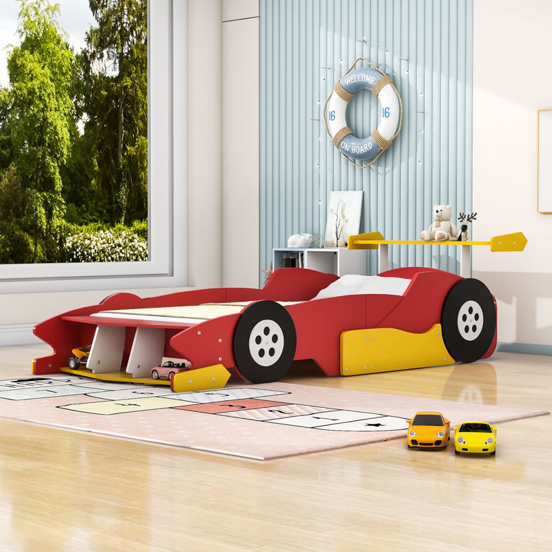 Lit plateforme avec tablettes Race, Rouge, Simple
